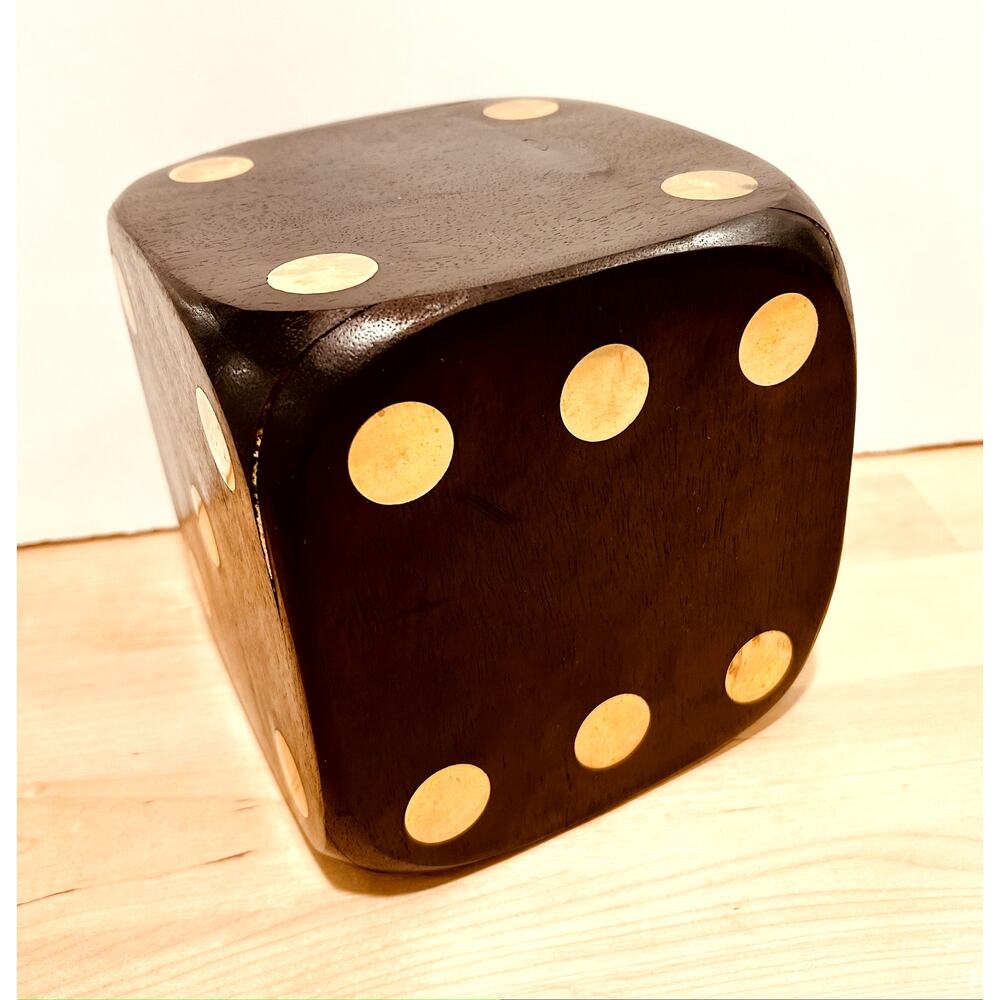 Large 7" Solid Wood Decorative Dice Brass Inlay Pips | Heavy Game Room Decor